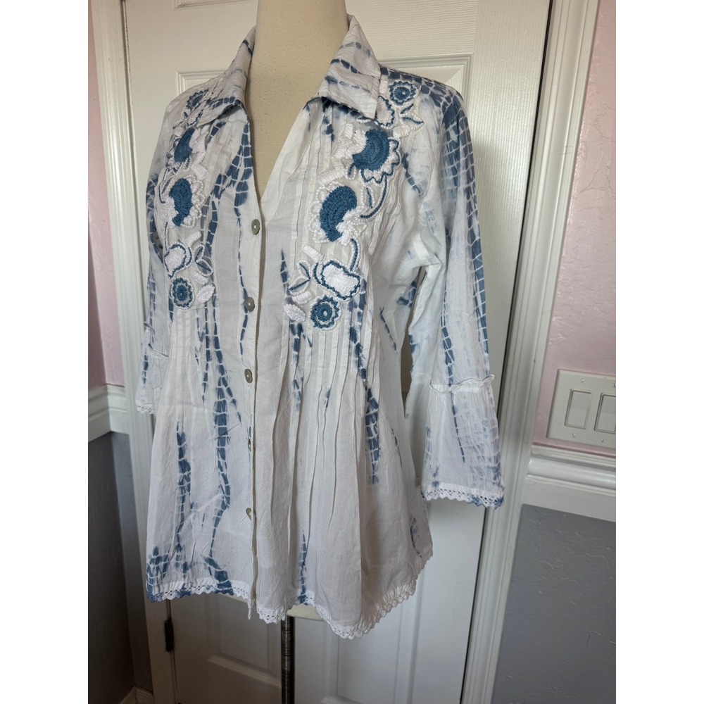 Parsley & Sage Womens Boho Tie Dye Embroidered Button Front Blouse White Blue M - Picture 3 of 12